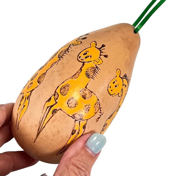 Gourd Art Giraffe Hand Painted Ornament Green Ribbon 5 images signed 4.5 inches - Picture 1 of 7